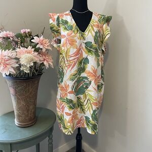 Nicole Miller 100% Linen Tropical Floral Print V-Neck Shift Dress Size Large